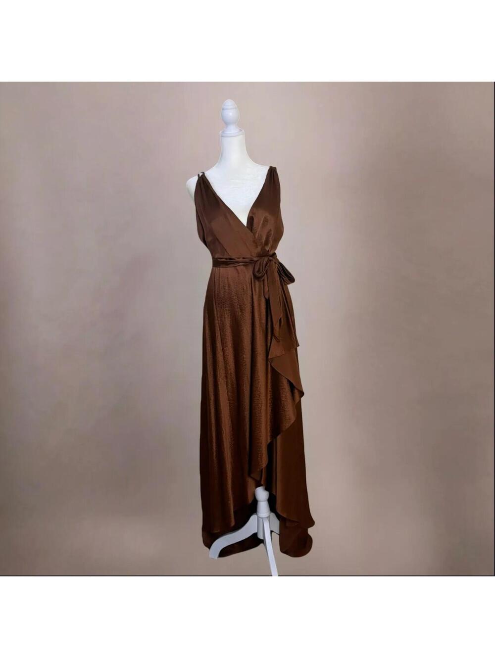 BCBG Copper Brown 100% Silk Wrap Beaded Ruffle Gown